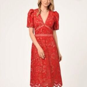 Adelyn Rae Red Flutter Sleeve Lace Wrap Midi Dress Size S